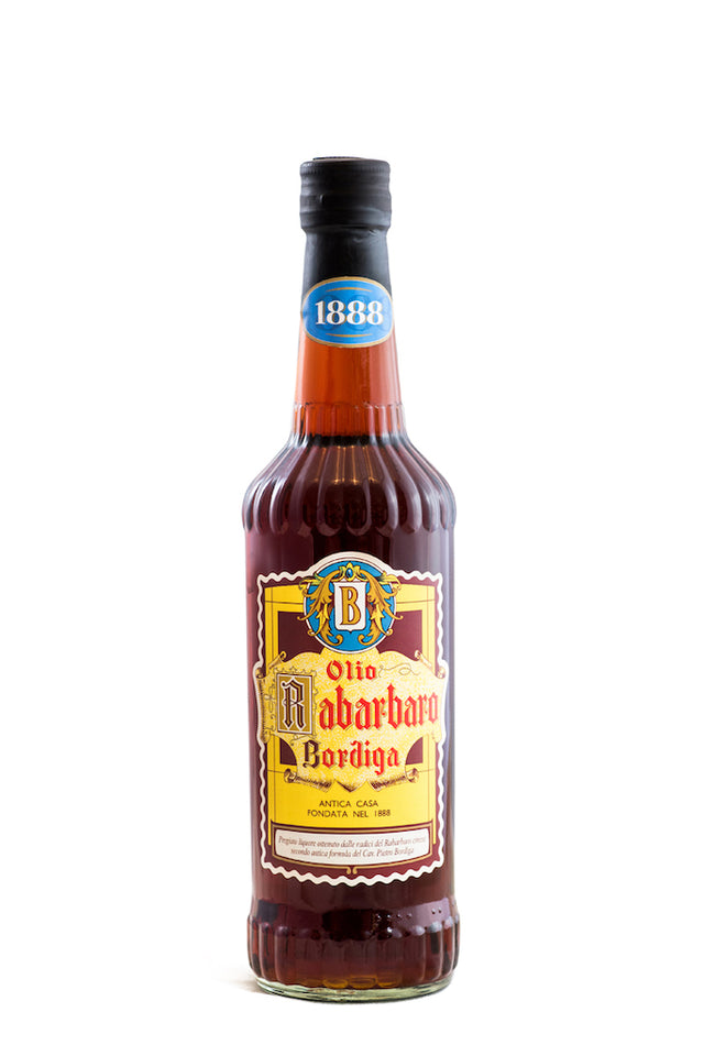 Flasche Olio di Rabarbaro Bordiga, ein italienischer Rhabarber-Likör mit nostalgischem Etikett und Jahrgangsangabe 1888.