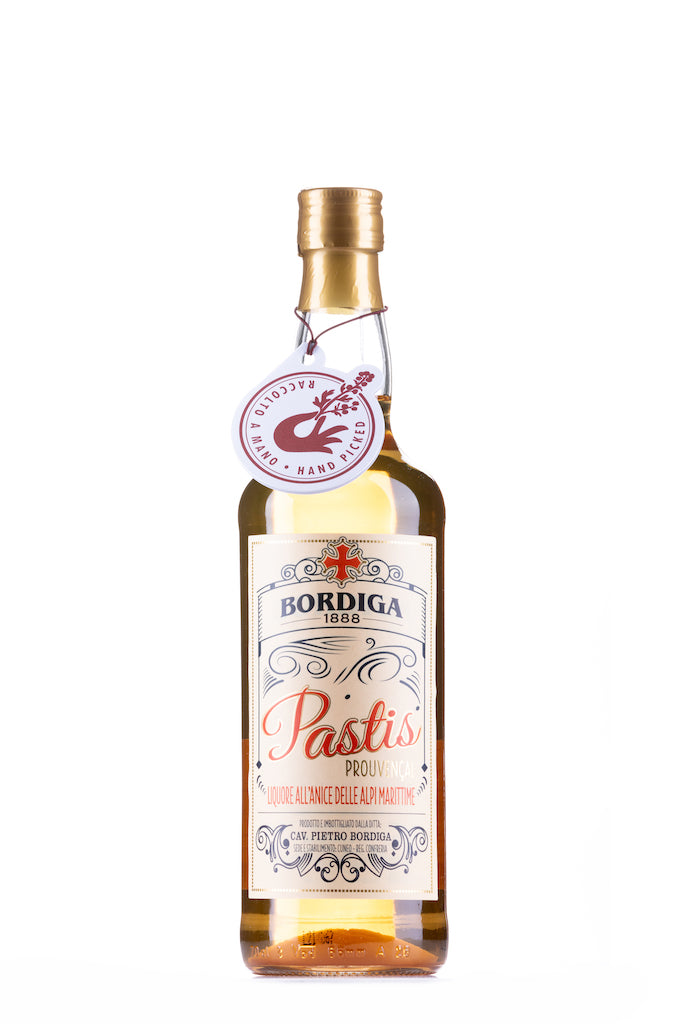 Flasche Bordiga 1888 Pastis Provençal Likör, 70cl, mit goldener Kappe und Anhänger 'Raccolto a mano – Hand picked'