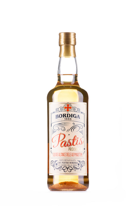 Flasche Bordiga 1888 Pastis Provençal Likör, 70cl, mit goldener Kappe und dekorativem Etikett im klassischen Stil