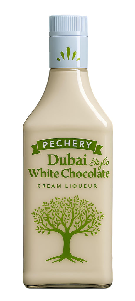 Pechery Dubai Style Cream Liqueur. Cremebeige Flasche mit grünem Etikett & Baumgrafik, hellem Verschluss.