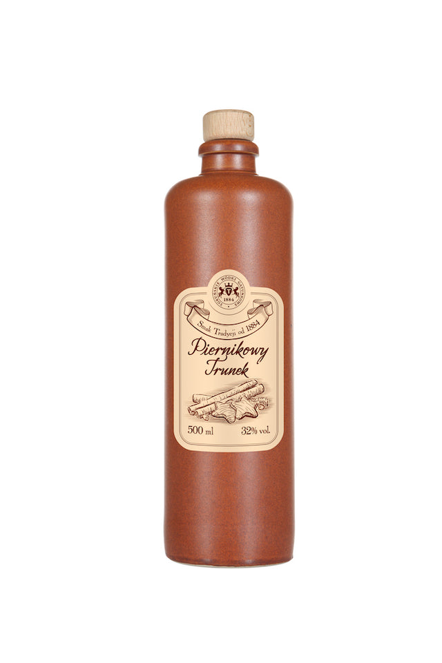 Braune Flasche Piernikowy Trunek Lebkuchen-Likör, 500 ml, 32% vol., mit naturfarbenem Holzverschluss und traditionellem Etikett