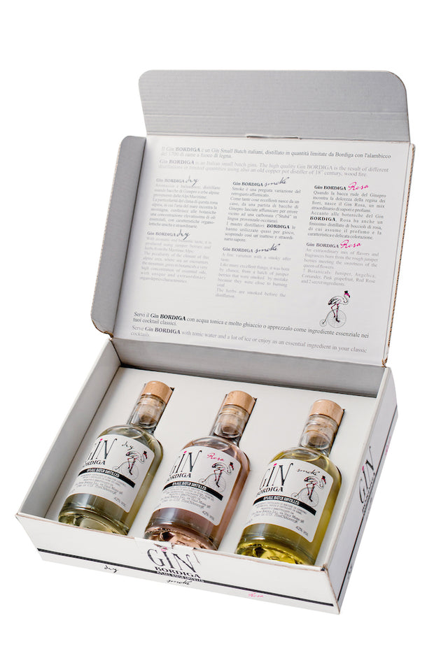 Premium-Gin-Geschenkbox „Ciais“ von Bordiga 1888 mit drei hochwertigen Gin-Flaschen in einer eleganten Präsentationsbox.