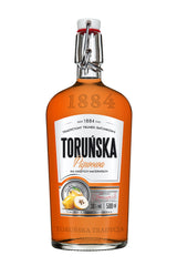 Flasche Toruńska Quitte Likör, 500 ml mit 36 % Vol., in einer traditionellen, bernsteinfarbenen Flasche mit Bügelverschluss und einem Etikett, das Quittenfrüchte zeigt.