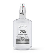 Flasche Toruńska Czysta Wodka, 40% vol. Klare Spirituose mit Bügelverschluss. Weißes Etikett mit Stadtsilhouette und Text.