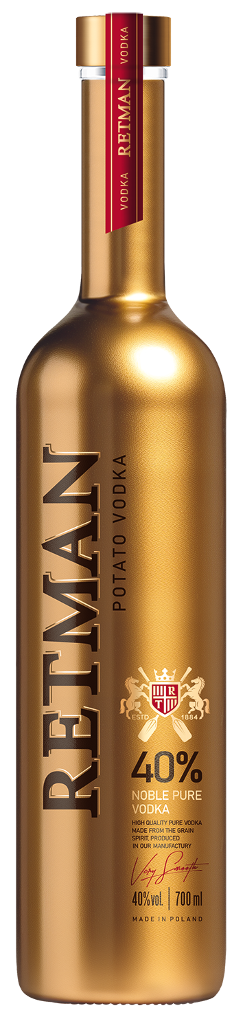Matte, goldene Flasche Retman Kartoffel Vodka, 40 % Vol. Roter Verschluss, erhabene goldene Schrift.
