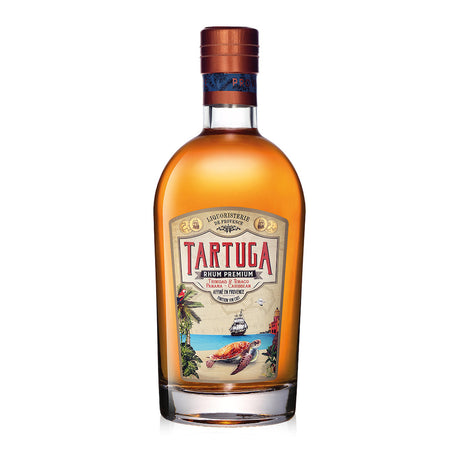 Tartuga Rumflasche mit maritimer Etikettillustration auf weißem Hintergrund