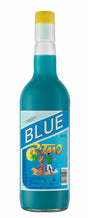 Flasche Ritmo Blue 1 L mit blauem Getränkekonzentrat und gelbem Verschluss auf weißem Hintergrund