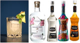 Saturn Cocktail-Set mit Samara Gin, Maracuja-, Orgeat- und Falernum-Sirup sowie fertigem Drink mit Ananasscheibe.