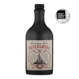 Bornholmer Dram Sevablødda 50cl, schwarze Flasche mit Vintage-Label, Silbermedaille Craft Spirits Berlin 2023.