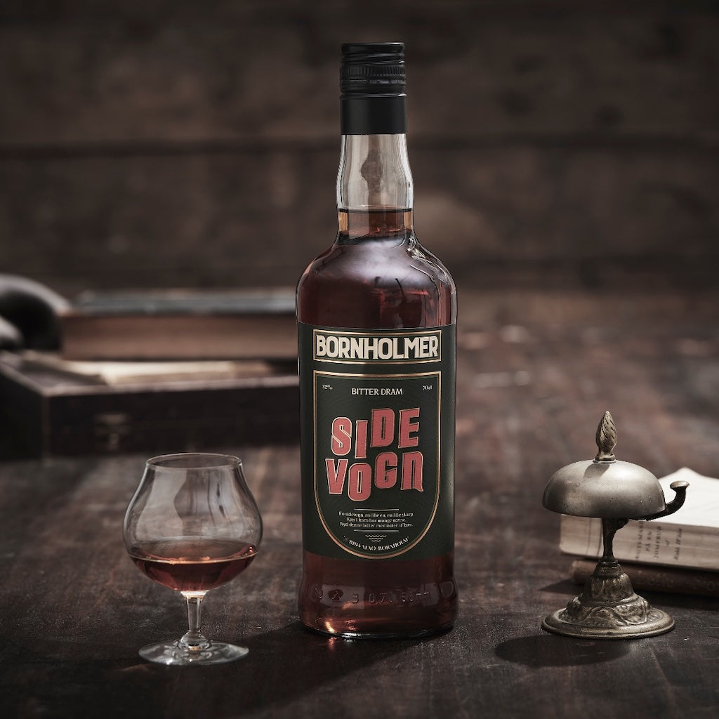 Bornholmer Sidevogn Bitter Dram 70cl, brauner Schnaps in Glasflasche mit Vintage-Design, serviert in einem Cognacglas auf Holz.