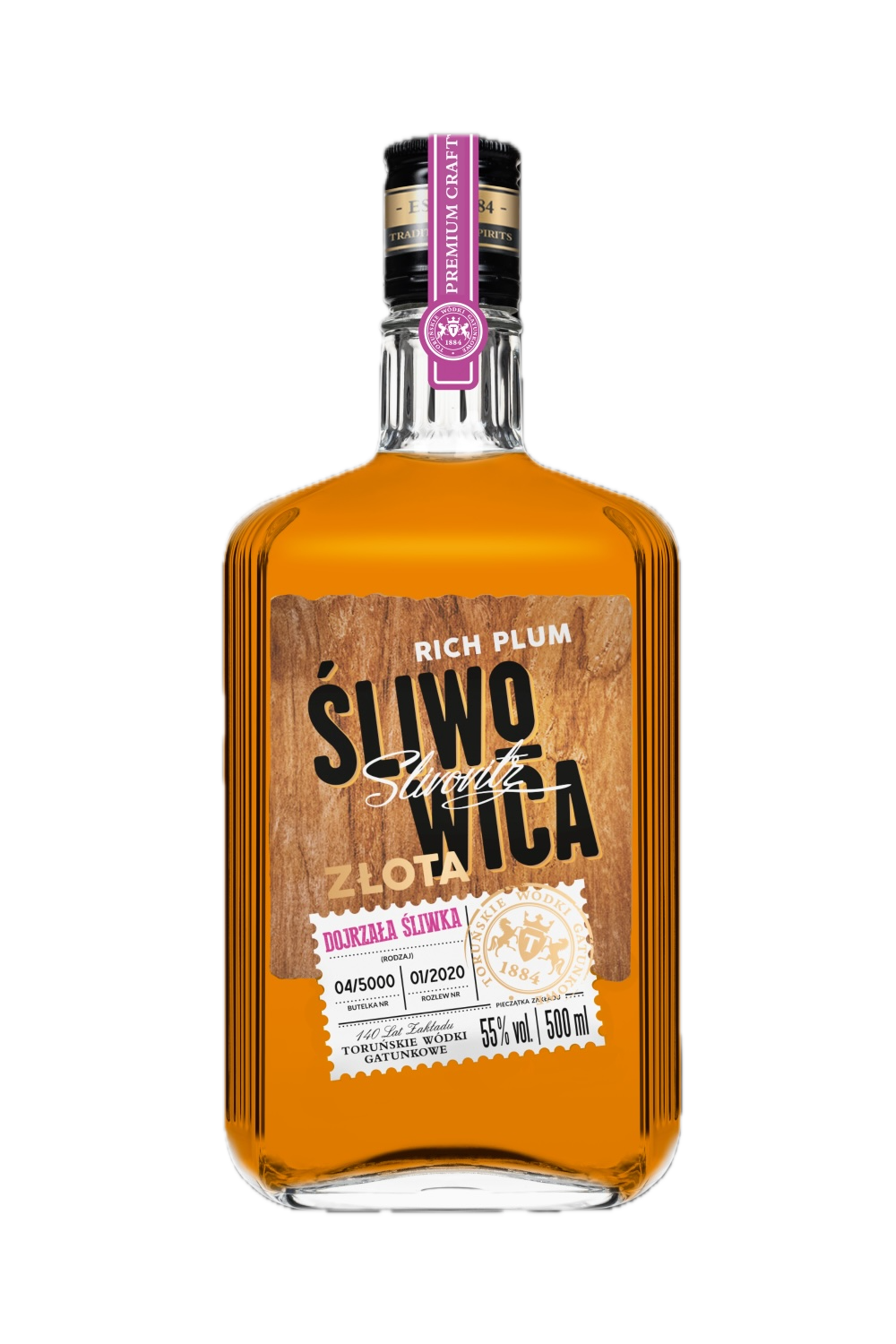 Flasche Sliwowica Złota Slivovitz, 500 ml, goldene Pflaumen-Okowita mit 55 % vol., Etikett mit Holzoptik und Nummerierung