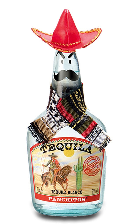 Tequila Panchitos Blanco Flasche mit Sombrero, Schnurrbart-Gesicht und Poncho, Etikett mit Reiter und Kaktus.