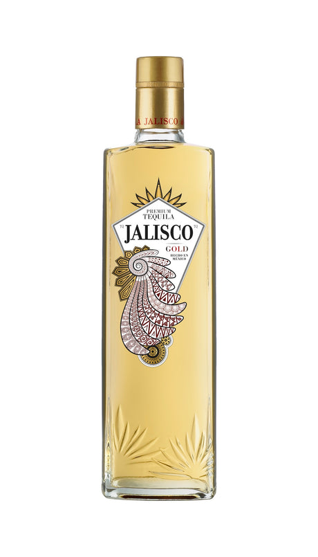 Tequila-Jalisco-Gold-Flasche mit goldfarbenem Verschluss und eingeprägten Agavemotiven vor weißem Hintergrund.