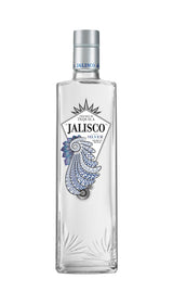 Klare rechteckige Tequila-Jalisco-Silver-Flasche mit silbernem Verschluss und blauem, ornamentalen Vogelmotiv auf dem Etikett.