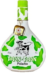 Tolon Tolon Pistazien Sahnelikör mit Kuhmotiv, grün weißem Flaschendesign und kleinem Glöckchen am Flaschenhals.