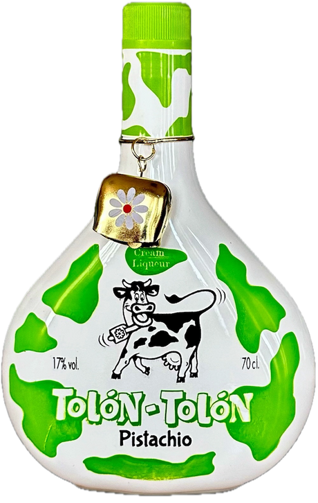 Tolon Tolon Pistazien Sahnelikör mit Kuhmotiv, grün weißem Flaschendesign und kleinem Glöckchen am Flaschenhals.