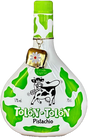Tolon Tolon Pistazien Sahnelikör mit Kuhmotiv, grün weißem Flaschendesign und kleinem Glöckchen am Flaschenhals.