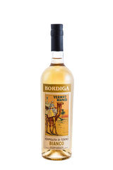 Flasche Bordiga Vermouth Bianco 0,75l mit gelbem Etikett und Kamelillustration, Aufschrift Vermouth di Torino Bianco