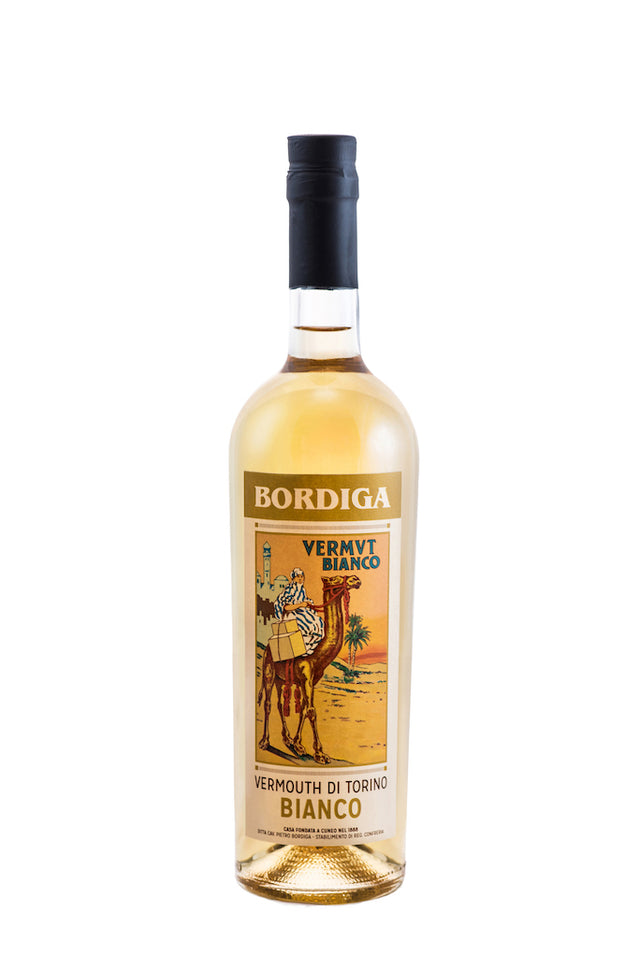 Flasche Bordiga Vermouth Bianco 0,75l mit gelbem Etikett und Kamelillustration, Aufschrift Vermouth di Torino Bianco