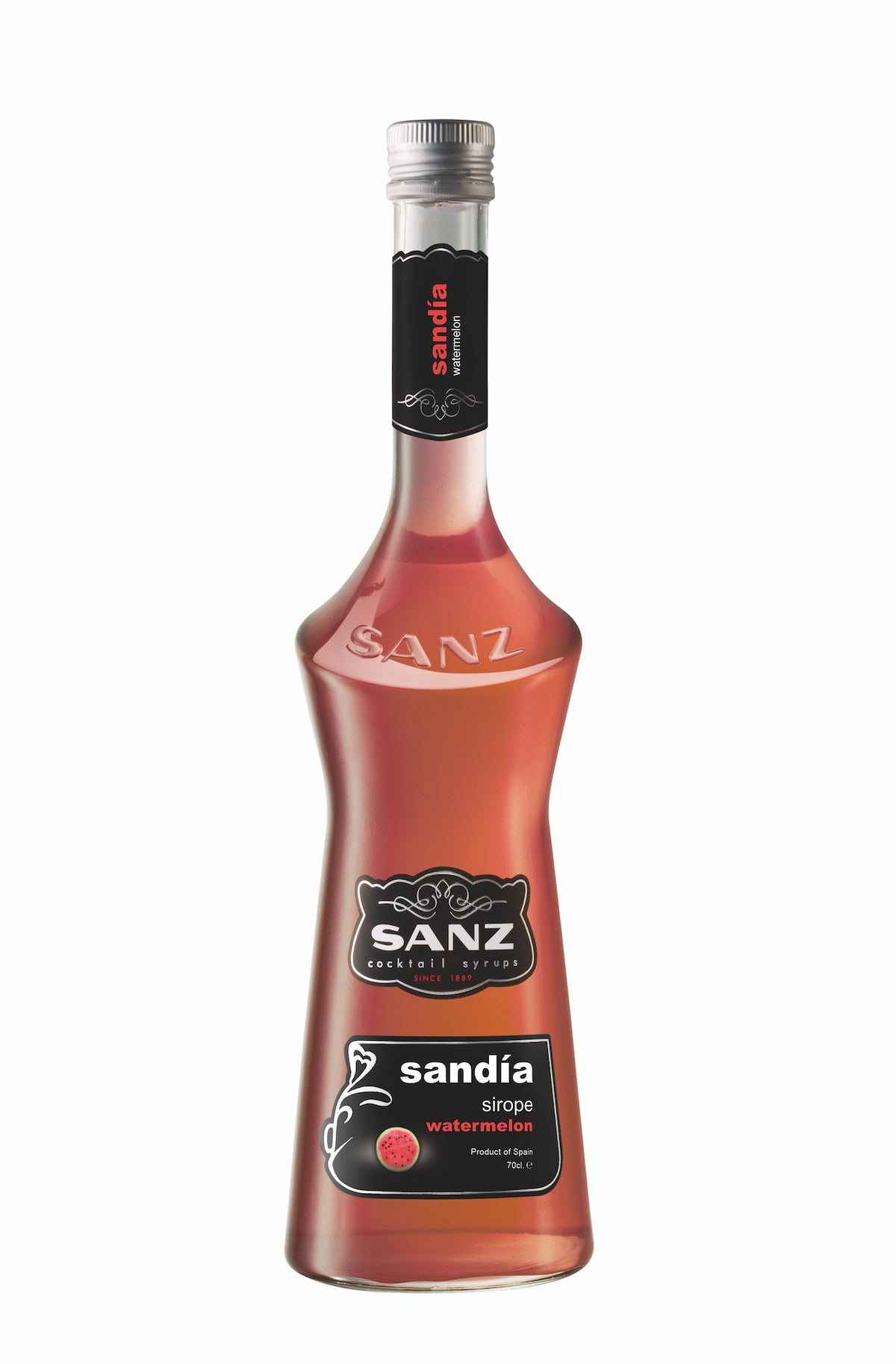 Wassermelonen-Sirup Sanz 0,7L in eleganter Glasflasche mit schwarzem Etikett und Wassermelonenmotiv.