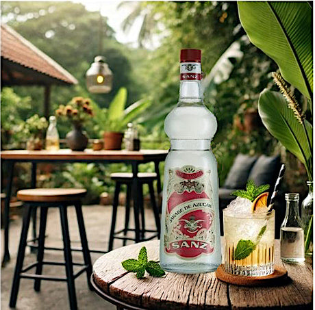Flasche Sanz Weißer Rohrzucker Sirup (1 l) mit Cocktailglas auf Holztisch im tropischen Gartenambiente.