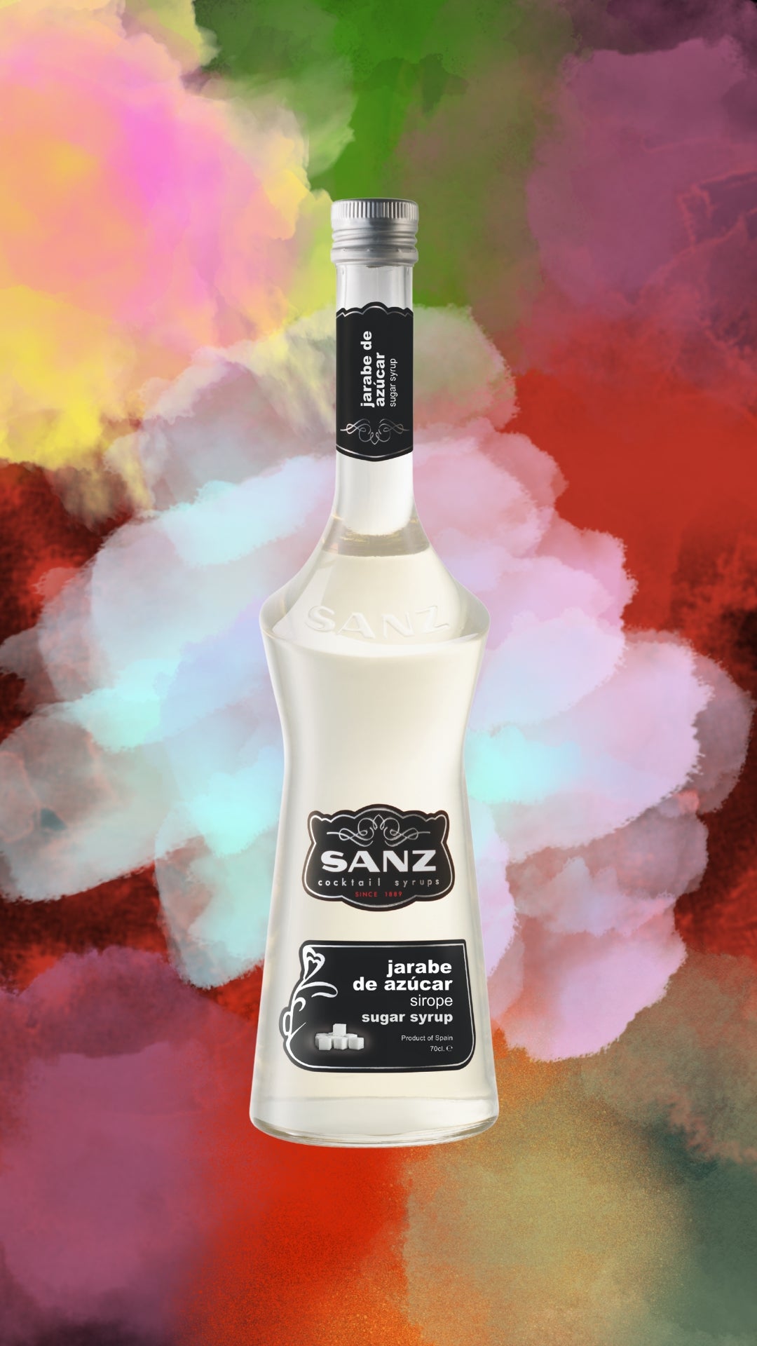 Flasche Sanz Sugar Syrup (Jarabe de Azúcar) vor buntem, wolkigem Hintergrund – 700 ml Inhalt