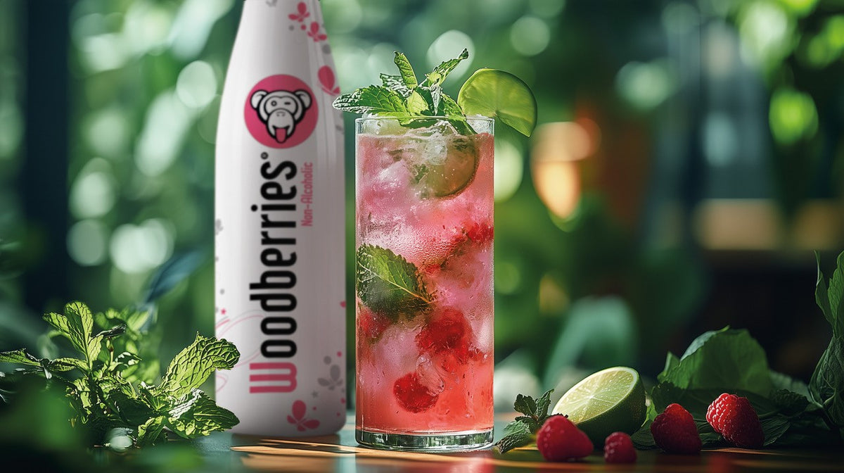 Woodberries Non-Alcoholic Flasche neben pinkem Cocktail mit Minze, Limette, Eis und Himbeeren im grünen Hintergrund.