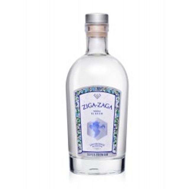 Flasche Ziga Zaga Vodka aus der Provence mit silbernem Verschluss und verziertem Etikett in Blau und Grün.